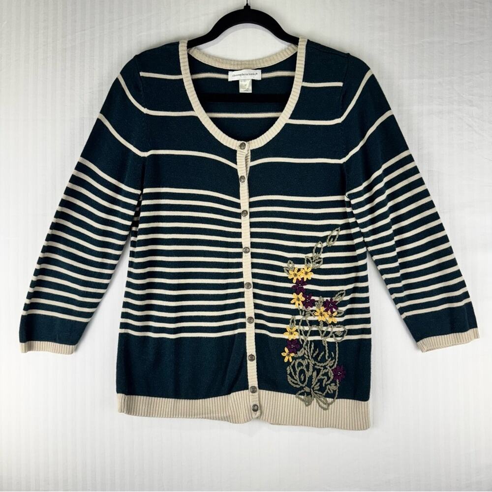 Christopher Banks Green/Cream Stripe Knit Cardigan Floral Embroidery Size Medium